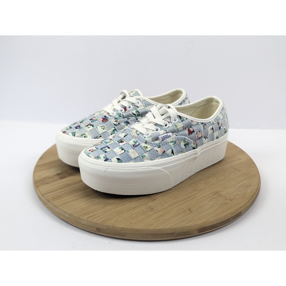 Vans Stacked Era Platform Shoes Womans 6.5 Woven Checkered Floral Blue White - Picture 3 of 11